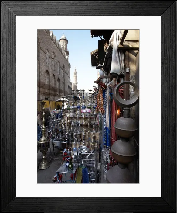 Framed Print : Water pipes for smoking sheesha are sold in Khan al-Khalili, Cairo, Egypt Framed Print : Water pipes for smoking sheesha are sold in Khan al-Khalili, Cairo, Egypt