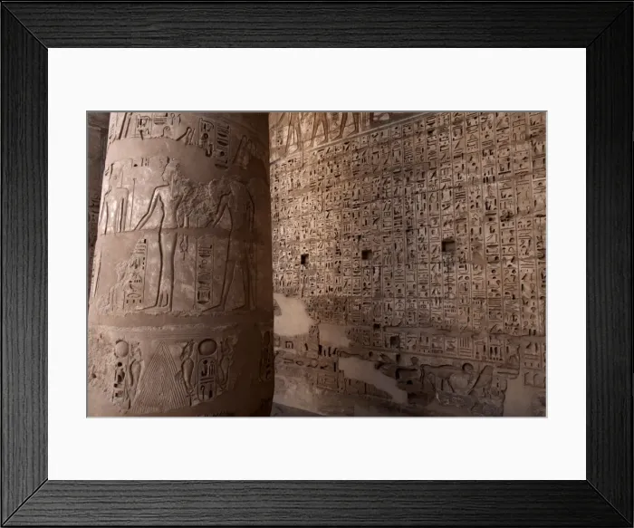 Framed Print : Images and hieroglyphics adorn the walls of Medinet Habu temple complex Framed Print : Images and hieroglyphics adorn the walls of Medinet Habu temple complex