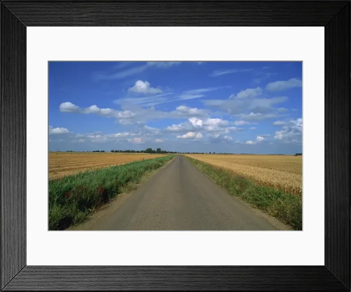 Framed Print : Country road through fields in Fenland near Peterborough, Cambridgeshire Framed Print : Country road through fields in Fenland near Peterborough, Cambridgeshire