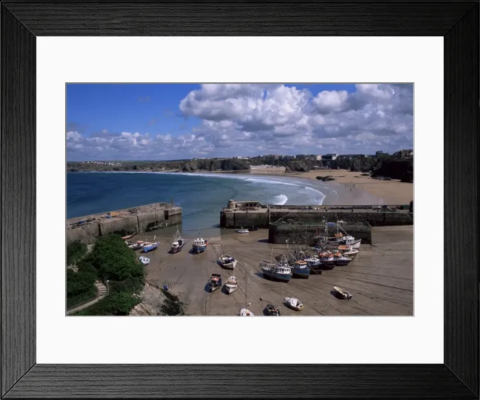 Framed Print : Harbour at low tide with town beach beyond, Newquay, Cornwall, England Framed Print : Harbour at low tide with town beach beyond, Newquay, Cornwall, England