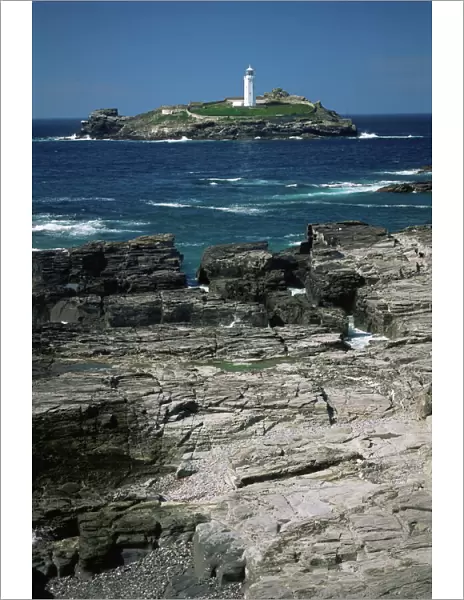 Godrevy Island lighthouse, near St. Ives, north coast, Cornwall, England
