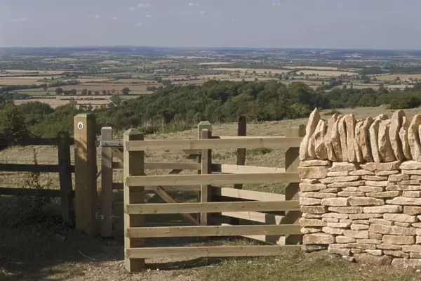 Refurbished gate and dry stone wall on the Cotswold Way footpath, Dover Hill near Chipping Campden