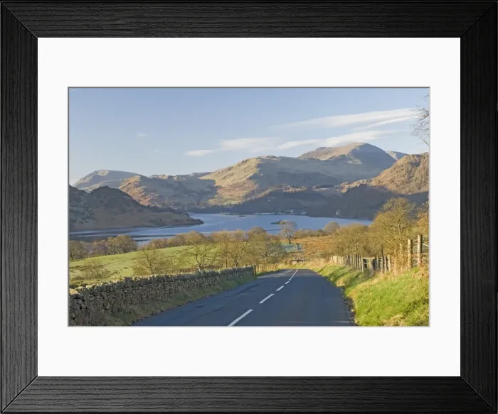 Framed Print : The road to the lake, Lake Ullswater, Birks, and St. Sunday Crag, 840 ft Framed Print : The road to the lake, Lake Ullswater, Birks, and St. Sunday Crag, 840 ft