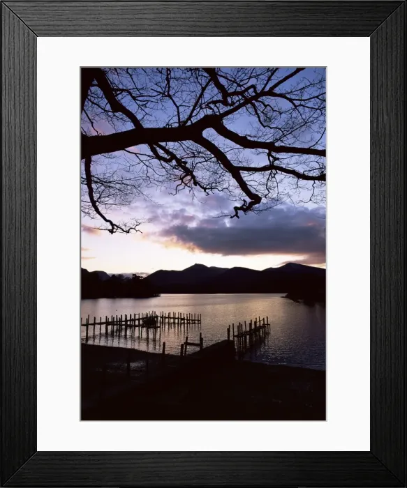 Framed Print : View across Derwent Water from lakeside path at dusk, Keswick, Lake District National Park Framed Print : View across Derwent Water from lakeside path at dusk, Keswick, Lake District National Park