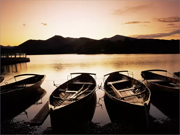 Sunset at Derwent Water, Keswick, Lake District, Cumbria, England, United Kingdom, Europe
