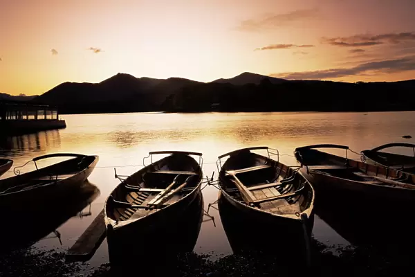 Sunset at Derwent Water, Keswick, Lake District, Cumbria, England, United Kingdom, Europe