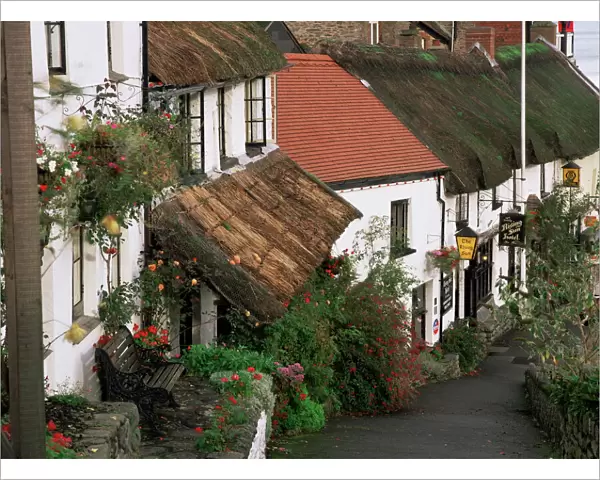 The Rising Sun hotel and thatched buildings, Lynmouth, Devon, England, United Kingdom