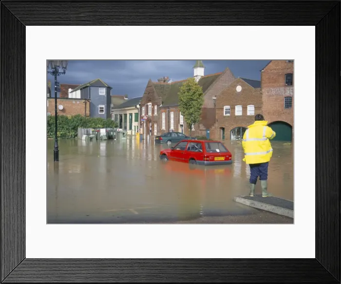 Framed Print : Flooded car park in town centre in October 2000, Lewes, East Sussex, England Framed Print : Flooded car park in town centre in October 2000, Lewes, East Sussex, England