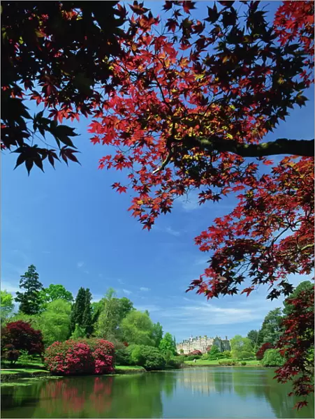 View across pond to house, Sheffield Park Garden, East Sussex, England