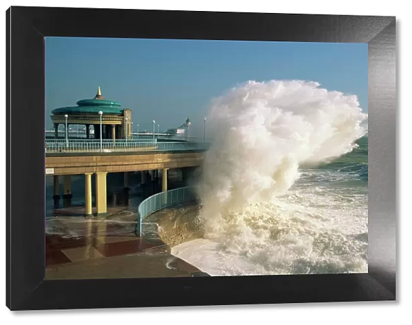 Waves pounding bandstand, storm in Eastbourne, East Sussex, England, United Kingdom