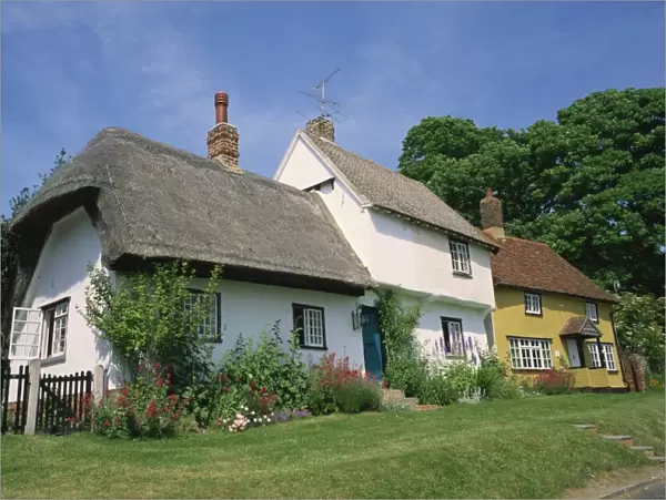Thatched and tile roofed cottages at Wendens Ambo in Essex, England, United Kingdom