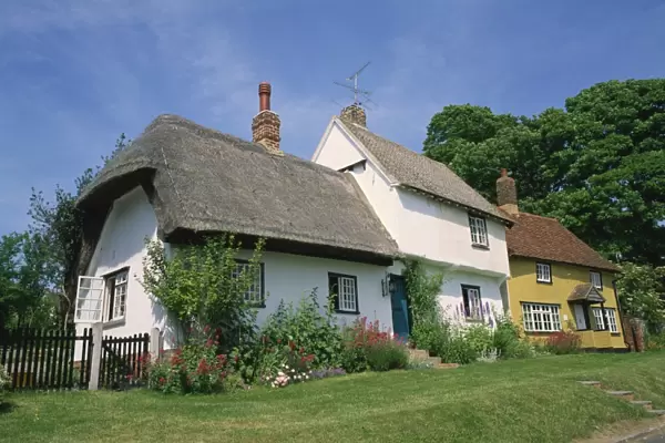Thatched and tile roofed cottages at Wendens Ambo in Essex, England, United Kingdom