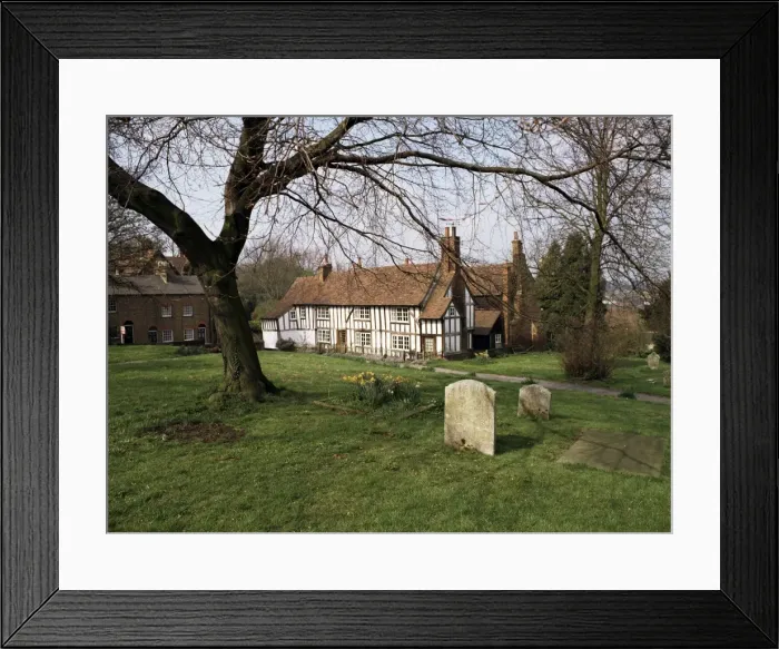 Framed Print : Half timbered cottages in the church graveyard at Old Hatfield, Hertfordshire Framed Print : Half timbered cottages in the church graveyard at Old Hatfield, Hertfordshire