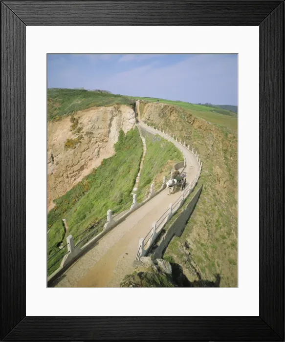 Framed Print : La Coupee and carriage transport, view north from Little Sark to Sark, Channel Islands Framed Print : La Coupee and carriage transport, view north from Little Sark to Sark, Channel Islands