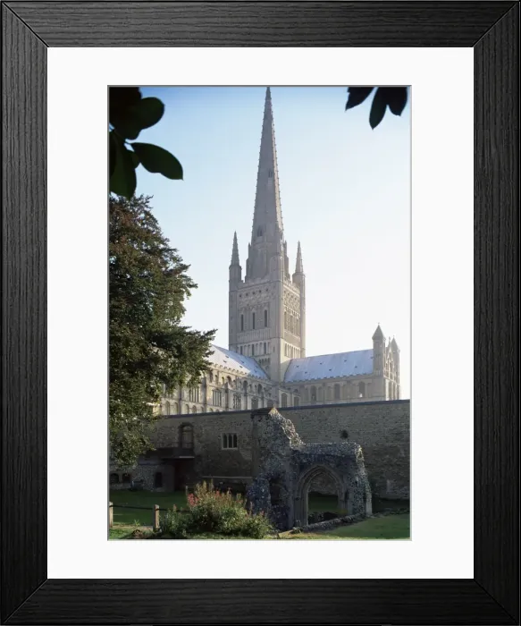 Framed Print : Norman cathedral, dating from 11th century, with 15th century spire, and hostry remains in foreground, Norwich, Norfolk, England, United Framed Print : Norman cathedral, dating from 11th century, with 15th century spire, and hostry remains in foreground, Norwich, Norfolk, England, United