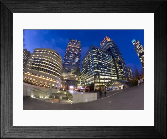 Framed Print : Financial District office buildings illuminated at dusk, Canary Wharf, Docklands Framed Print : Financial District office buildings illuminated at dusk, Canary Wharf, Docklands