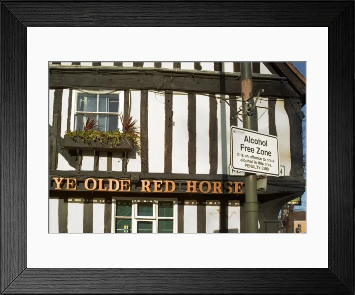 Framed Print : Ye Olde Red Horse pub with Alcohol Free Zone sign outside, Evesham, Worcestershire Framed Print : Ye Olde Red Horse pub with Alcohol Free Zone sign outside, Evesham, Worcestershire