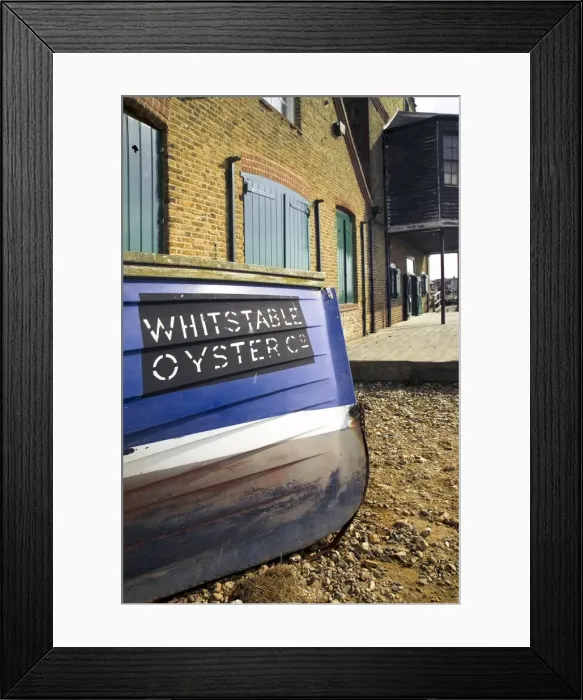 Framed Print : Oyster boat outside the oyster stores on the seafront, Whitstable, Kent Framed Print : Oyster boat outside the oyster stores on the seafront, Whitstable, Kent