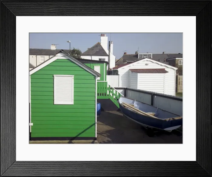 Framed Print : Wooden fishermens huts on the seafront, Whitstable, Kent, England Framed Print : Wooden fishermens huts on the seafront, Whitstable, Kent, England