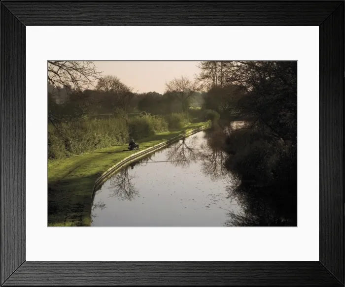 Framed Print : Man fishing from the towpath, Worcester and Birmingham canal, Hanbury, Worcestershire Framed Print : Man fishing from the towpath, Worcester and Birmingham canal, Hanbury, Worcestershire