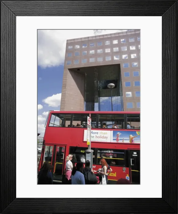 Framed Print : London bus at bus stop on London Bridge with No 1 London Bridge Building behind Framed Print : London bus at bus stop on London Bridge with No 1 London Bridge Building behind