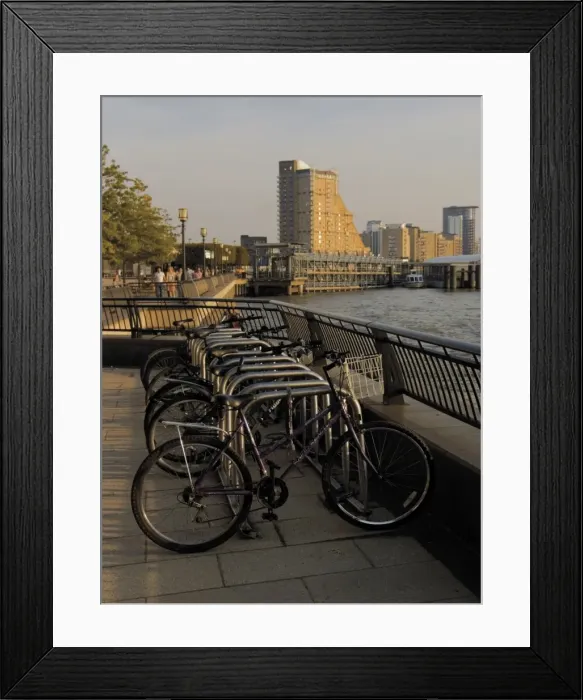 Framed Print : Bicycle racks, Canary riverside walk alongside River Thames, Canary Wharf Framed Print : Bicycle racks, Canary riverside walk alongside River Thames, Canary Wharf