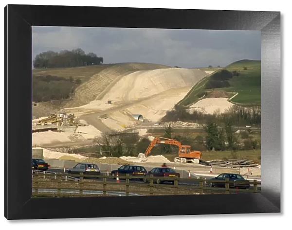 Cutting through chalk hill for the construction of a new section of the M3 Motorway
