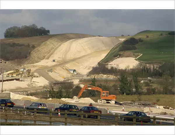 Cutting through chalk hill for the construction of a new section of the M3 Motorway