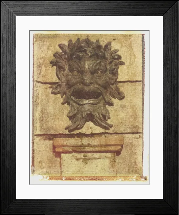 Framed Print : Polaroid Image Transfer of water fountain in form of cast bronze face, England Framed Print : Polaroid Image Transfer of water fountain in form of cast bronze face, England