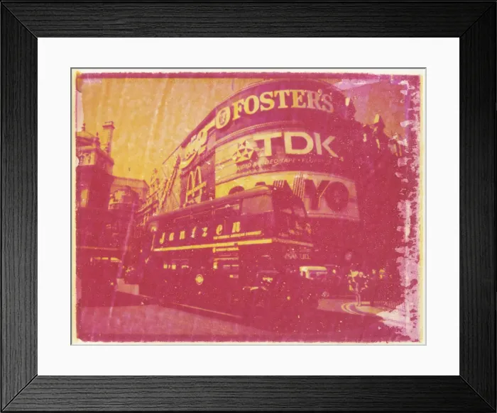 Framed Print : Polaroid Image Transfer of Piccadilly Circus with red double decker bus Framed Print : Polaroid Image Transfer of Piccadilly Circus with red double decker bus