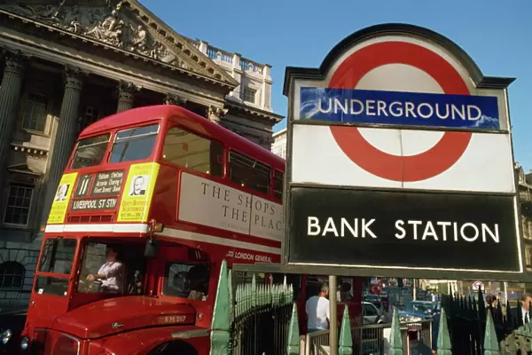 Double decker bus and Bank station London Underground sign, City of London