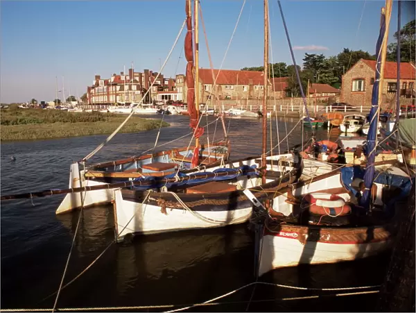 Boats moored in harbour, Blakeney Hotel, Blakeney, Norfolk, England, United Kingdom