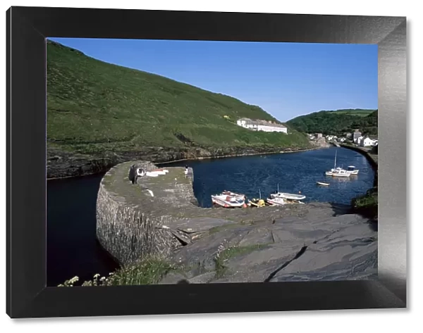 Harbour, harbour wall and village in the distance, Boscastle, Cornwall