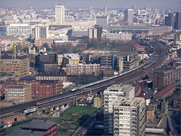 View over Vauxhall with Eurostar and other trains approaching Waterloo station