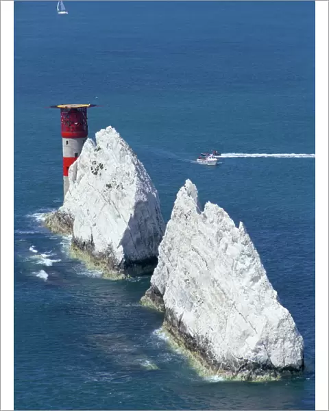Aerial view of the Needles rocks and lighthouse, Isle of Wight, England