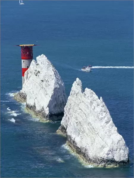Aerial view of the Needles rocks and lighthouse, Isle of Wight, England