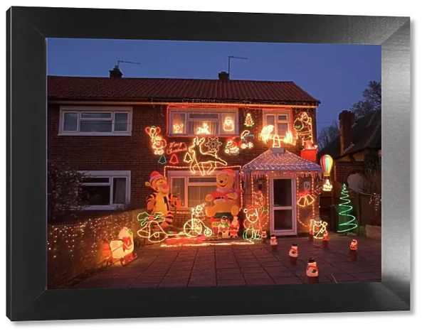 Suburban house with Christmas lights and decorations, Surrey, England, United Kingdom