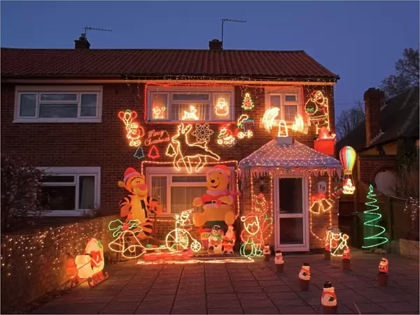 Suburban house with Christmas lights and decorations, Surrey, England, United Kingdom