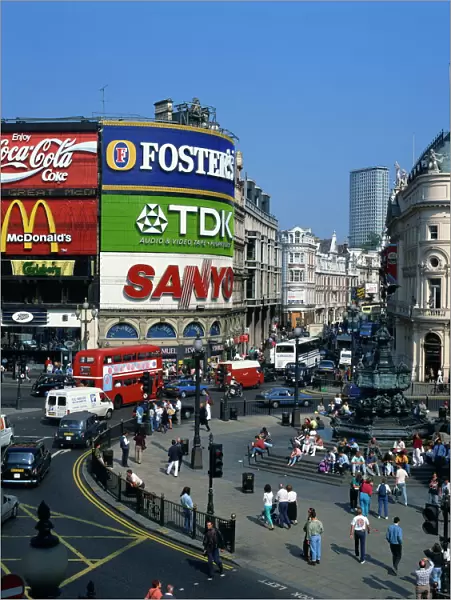 Aerial view over Piccadilly Circus, including the statue of Eros, the Greek God of Love