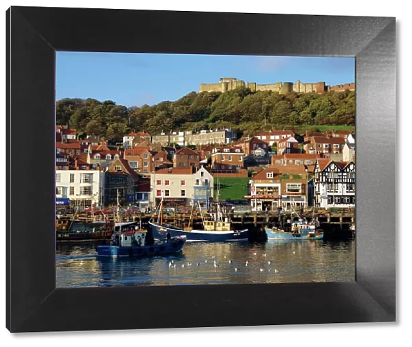 Scarborough, harbour and seaside resort with castle on the hill, Yorkshire, England