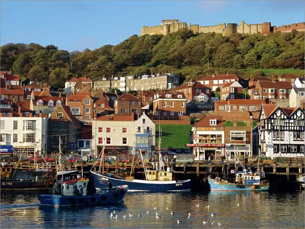 Scarborough, harbour and seaside resort with castle on the hill, Yorkshire, England