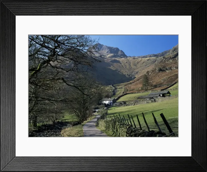 Framed Print : View along road to farm, with Harrison Stickle towering above, Great Langdale Framed Print : View along road to farm, with Harrison Stickle towering above, Great Langdale