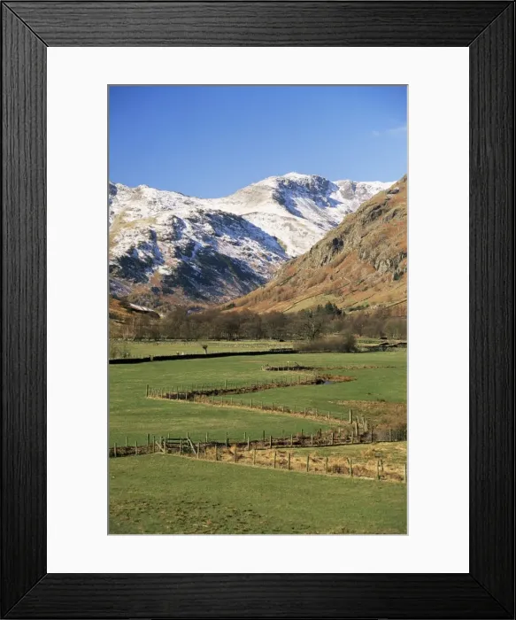 Framed Print : View across fields to valley head in winter, Great Langdale, Lake District National Park Framed Print : View across fields to valley head in winter, Great Langdale, Lake District National Park