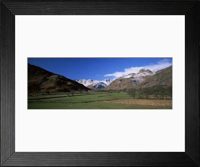 Framed Print : Great Langdale, view across fields to valley head and Langdale Pikes in winter Framed Print : Great Langdale, view across fields to valley head and Langdale Pikes in winter