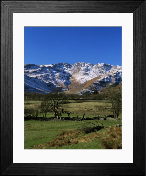 Framed Print : View along valley to Crinkle Crags in winter, Great Langdale, Lake District National Park Framed Print : View along valley to Crinkle Crags in winter, Great Langdale, Lake District National Park
