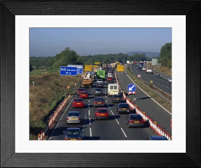 Framed Print : Roadworks causing traffic jam on the M25, England, United Kingdom, Europe Framed Print : Roadworks causing traffic jam on the M25, England, United Kingdom, Europe