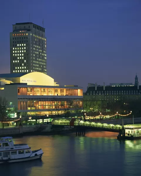 The Royal Festival Hall illuminated at dusk, South Bank, London, England