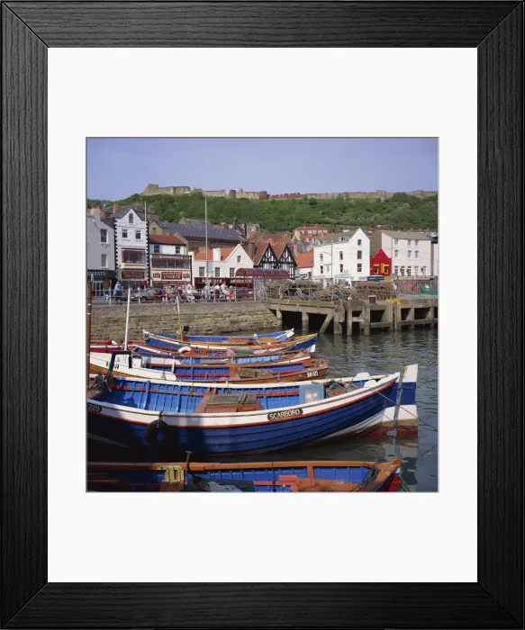Framed Print : Fishing boats in the harbour, with the castle on the hill behind, Scarborough Framed Print : Fishing boats in the harbour, with the castle on the hill behind, Scarborough