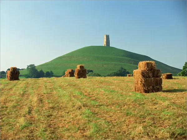 Harvested fields before Glastonbury Tor, Somerset, England, United Kingdom, Europe
