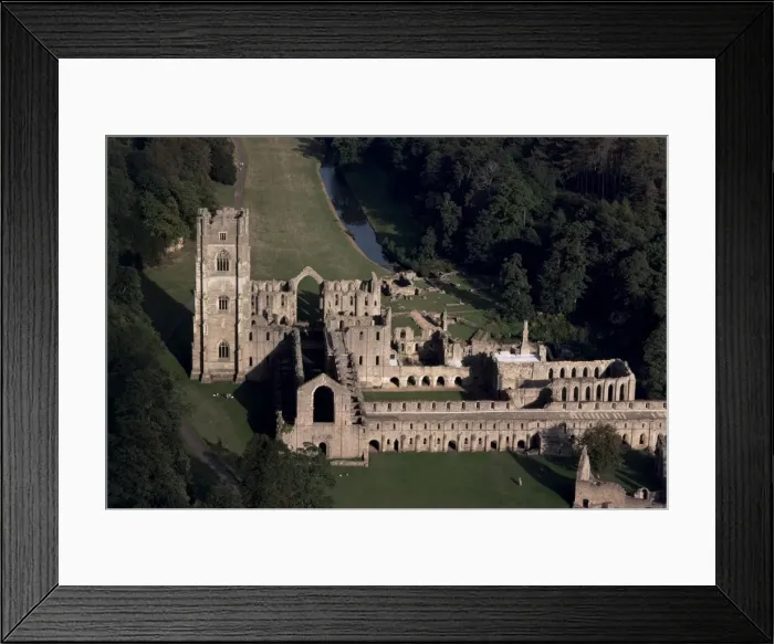 Framed Print : Aerial view of Fountains Abbey, UNESCO World Heritage Site, Yorkshire, England Framed Print : Aerial view of Fountains Abbey, UNESCO World Heritage Site, Yorkshire, England